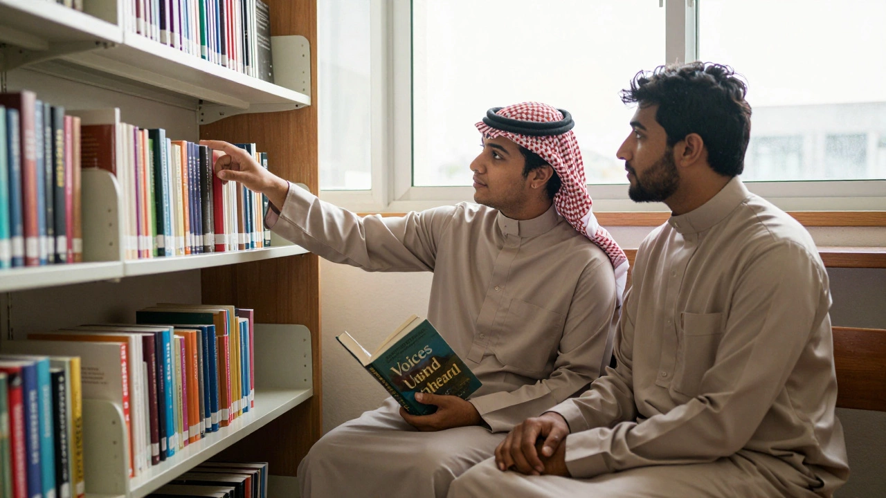 A couple in a library quietly holding hands beside books on queer history, bathed in soft sunlight, no phones or cameras.