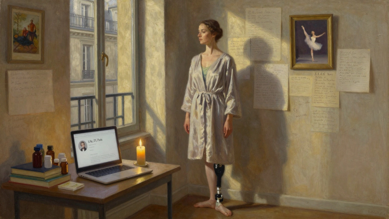 A former ballet dancer stands in her apartment, one prosthetic leg visible, lit by morning light.