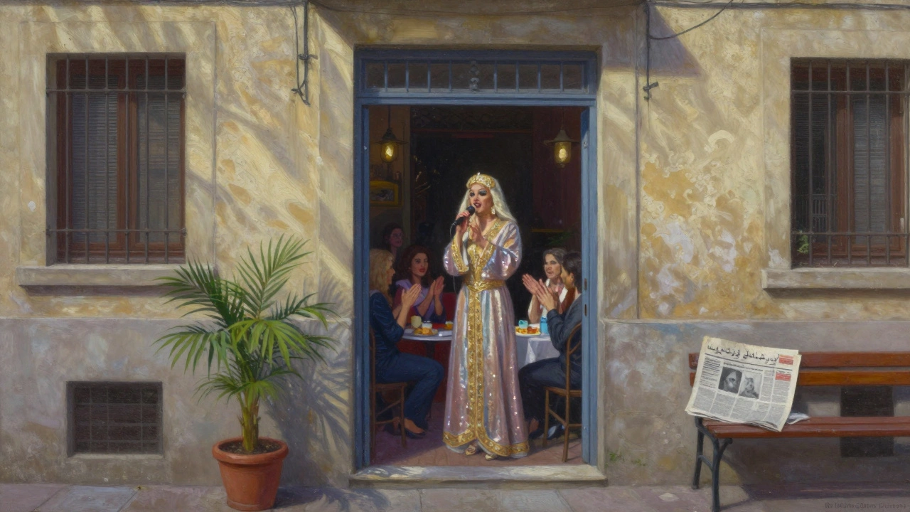 An unmarked doorway reveals a gentle drag brunch with traditional Emirati-inspired attire, hidden between quiet residential buildings.